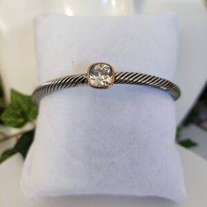 Classic Cable Bracelet Open Cuff with Clear Crystal Stone